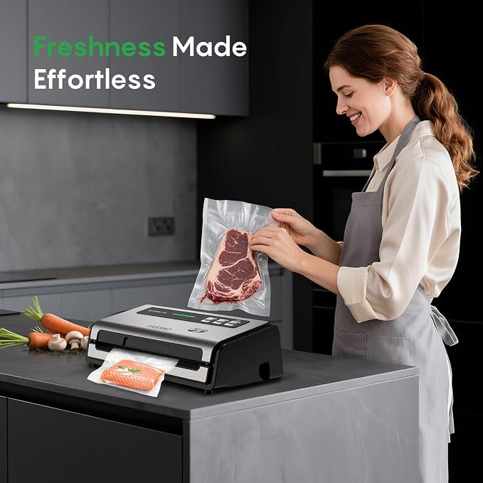 FRESKO Food Vacuum Sealer with Automatic Bag Detection, 0.2-inch Widened Heating Strip, Built-in Bag Roll Storage & Cutter, 1 Roll Bag, Starter Kit