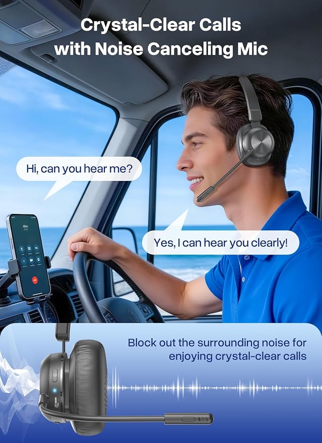 Bluetooth Headset with USB Dongle, Trucker Bluetooth Headset with AI Noise Cancelling Microphone & Mute Button, 50Hrs Single Ear Wireless Headphones for Truck Driver Phone Computer Office Work, Ash