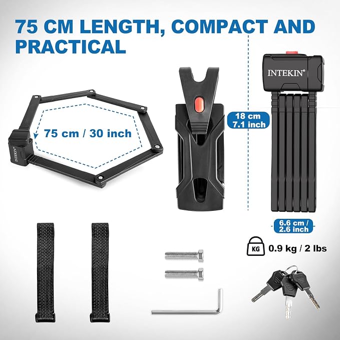 Compact Folding Bike Lock, Heavy Duty Bicycle Lock with 3 Keys and Mount, Lightweight Foldable Chain Locks for E-Bike, Motorcycles, Scooters - 75cm (30 in)
