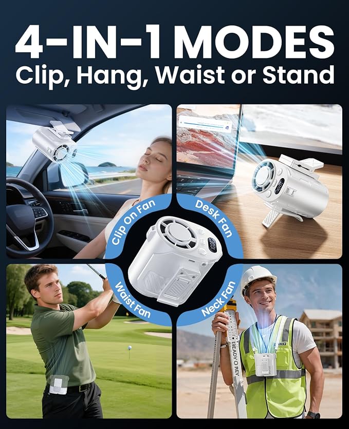Portable Waist Fan with Ice Cooling, 4-in-1 Clip-On Fan for Car/Shirt/Belt, 16000RPM Strong Airflow, 12H Runtime, 100 Speed Settings, Wearable Fan for Outdoor Work Camping Travel White