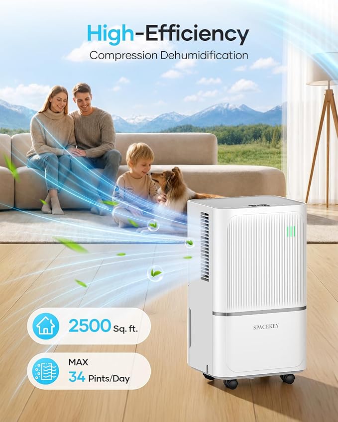 34 Pints Dehumidifier for Basement with Drain Hose Up to 2500 Sq.Ft, Compressor Dehumidifiers for Home, Bedroom, Bathroom, Large Room, 3 Modes, Intelligent Humidistat, Auto Shut-off, 24H Timer, White