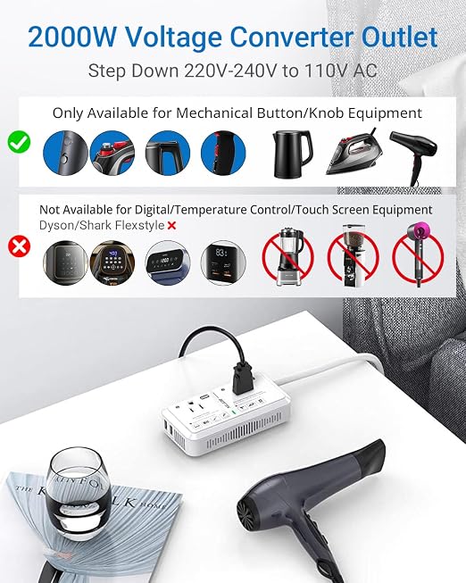 BESTEK 2000W Voltage Converter US to Europe, 220V to 110V Step Down Transformer for European Travel, Type-C Power Converter Adapter for EU/DE/FR/IT/ES