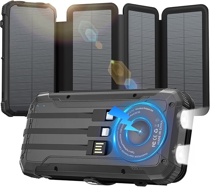 Solar Power Bank 49800mAh 22.5W QC3.0 Fast Charging Built in 4 Cables andNymzixt Solar Power Bank 20000mAh Portable Charger Built-in 3 Cables and Wireless Charging