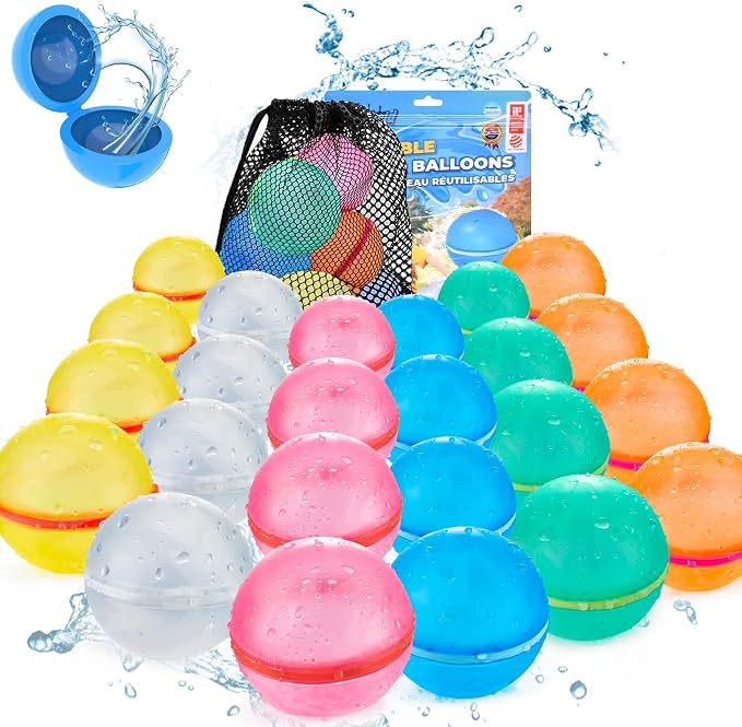 24 PCS Reusable Water Balloons, Refillable Magnetic Water Balls for Outdoor Games, Self Sealing Water Splash Bomb Quick Fill for Summer Fun, Pool Beach Toys for Kids Ages 3-12