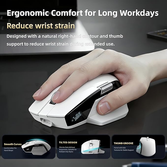 Ergonomic Wireless Mouse with Infinite Scroll & Side Scroll Wheel, Bluetooth & 2.4G Rechargeable Office Mouse, 5-Device Multi-Connection, OLED Display, PixArt 3220 Sensor for Laptop PC Mac (White)