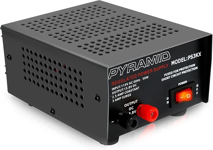 Pyramid Universal Compact Bench Power Supply - 2.5 Amp Linear Regulated Home Lab Benchtop AC-to-DC 12V Converter w/ 13.8 Volt DC 115V AC 50 Watt Power Input, Screw Type Terminals, Cooling Fan PS3KX