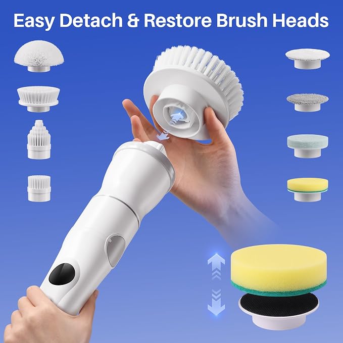 JOYMOOP Electric Spin Scrubber, 450 RPM Cordless Cleaning Brush with Power LCD Display, 9 Brush Heads Waterproof Power Scrubber with 90-Min Runtime, Adjustable Long Handle for Bathtub, Floor, Kitchen