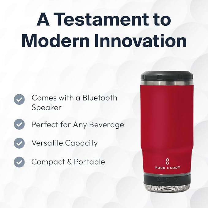 Vibe 4 In 1 Chill and Brew Bluetooth Speaker Cup, Insulated Can and Bottle Holder for Hot or Cold Drinks, Double Wall Stainless Steel Drinkware, Fits 12 oz Cans or 14 oz Liquid, Red
