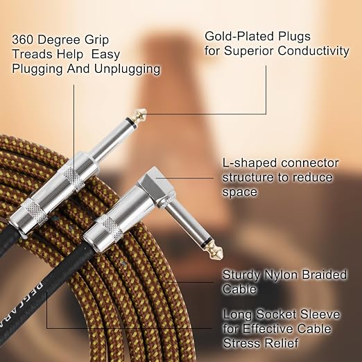 20 FT 2-Pack Guitar Cable, TS 1/4 Inch Straight to Right Angled Gold Plated Instrument Cable for Electronic Guitar/Bass and Keyboard