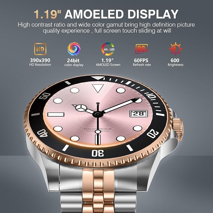 GPT AI Smart Watch with Bluetooth Calls, 1.19-inch AMOLED 44mm, 24/7 Heart Rate, SpO2, Blood Pressure, Sleep Monitor, 107 Sports Fitness Tracker, Smartwatch Compatible Android and iOS Silver Gold