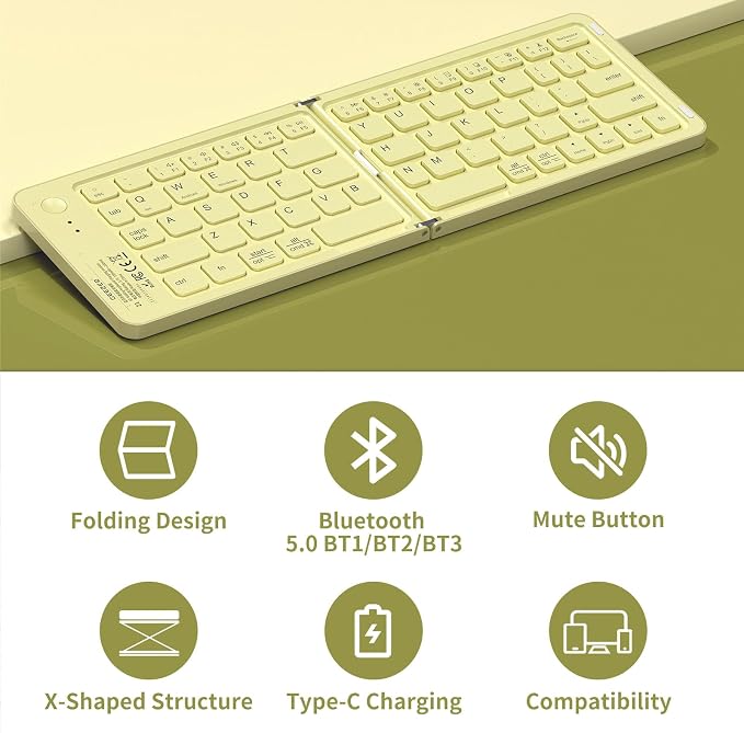 Foldable Bluetooth Keyboard with UV Printing Technology Rechargeable Keyboards,Compact Wireless Travel Keyboards for iPad, Smartphone, Tablet and Laptop - Z1 Pale Yellow