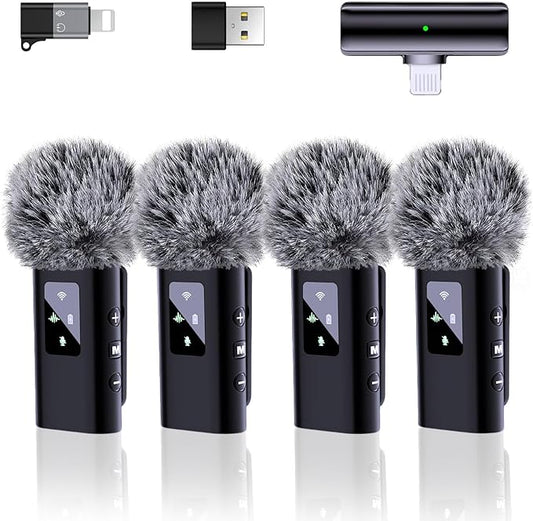 4 Wireless Lavalier Microphone for iPhone Android Phone Pad Computer, Pro Lapel Mini Microphone for Video Recording Vlog Podcast Stream YouTube TikTok, 48KHz 24Bit, Reverb,Noise Cancelling