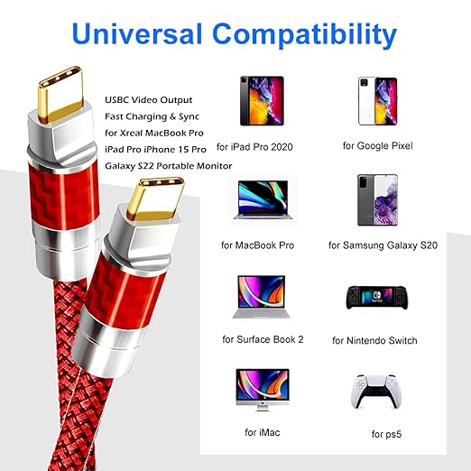 USB C to C Cable 40FT, 4K60HZ GEN2x2(Data usb2.0),USB TYPE C Video Output From USB3.2/ USB4.0 (NOT 100% Fast Charging) & Sync for Xreal MacBook Pro iPad Pro iPhone 15 Pro Galaxy S22 Portable Monitor