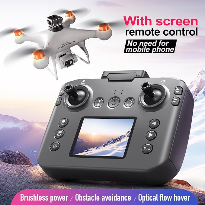 Hobby RC Drone with Screen-equipped Remote Controller, Dual Cameras & Optical Flow Positioning. Built with 6-Channel Gyro and Brushless Motor. Features Headless Mode, Hovering, One-Key Takeoff and Altitude Hold. Comes with 2 Batteries. Easy-to-operate ...