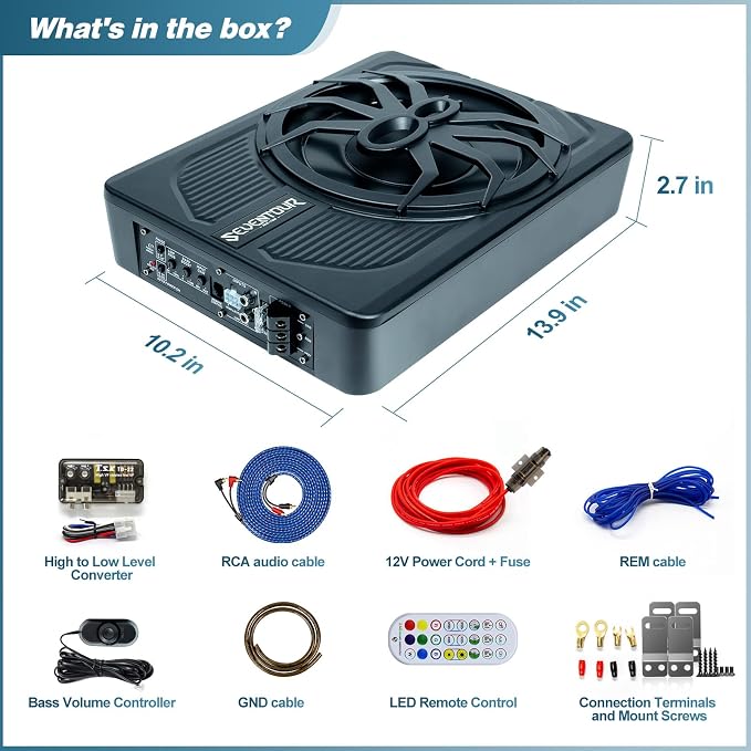 Seventour 10" Upgrade 800W Slim Under Seat Powered Car Subwoofer, Car/Truck Audio Sub Built in Amplifier amp Combo, with Blue LED Light (RGB LED Subwoofer+Installation Wire Kit)