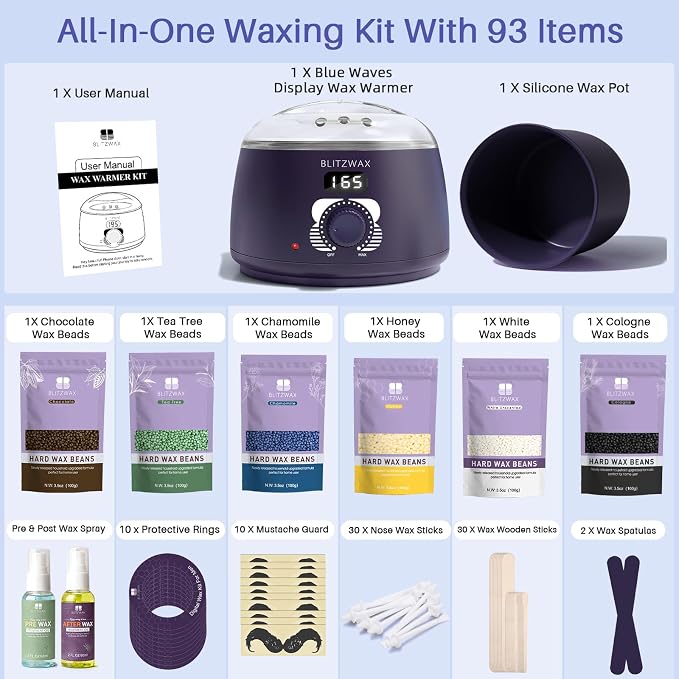BLITZWAX Brazilian and Bikini Waxing Kit for Men, Hard Wax Warmer for Face, Legs, and Body, At Home Hair Removal Kit, Beginner Friendly, Quick Heating, 30 Nose Wax Sticks