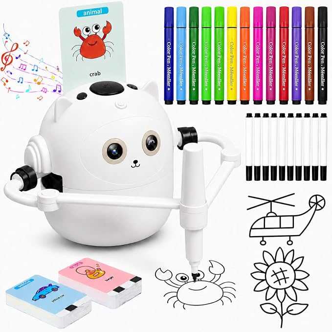 Drawing Robot for Kids with Music, Interactive Educational Drawing Machine with 100 Drawing Cards & 16 Color Pens, Magic Painting Learning Toy Gift for Girls and Boys Age 3 4 5 6 7 8