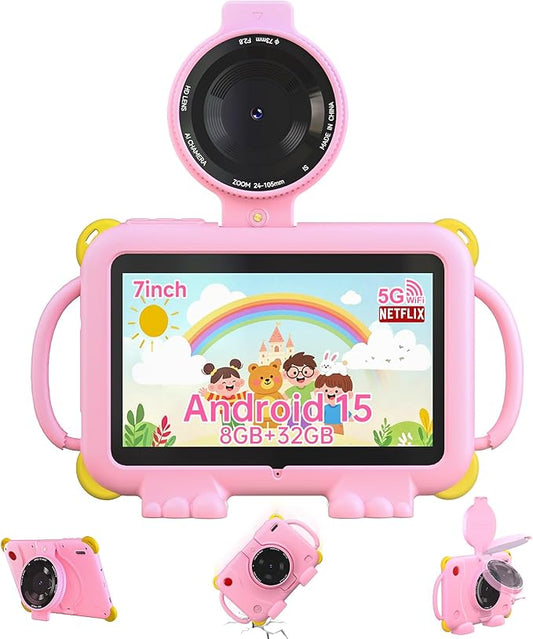 PEICHENG Tablet for Kids, 7Inch IPS Display, (3+5GB) RAM+32GB ROM+1TB Expand, Shockproof Case with Handles, Parental Control, Educational Entertainment Apps, Dual Cameras (90° Rotatable Lens) (Pink)