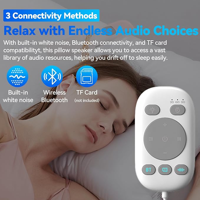 Pillow Speaker with Remote for Sleeping - Bone Conduction Speaker with 36 Built-in White Noise, Silent Bluetooth Speakers Under Pillow, Portable Sleep Bar (Without TF Card, White)