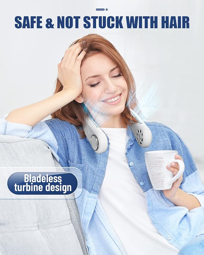RIYA Bladeless Neck Fan - 5200mAh Battery Operated Fan Rechargeable - Personal Portable Fan - 360° Cooling USB Wearable Fan - Low Noise, Up to 20Hrs Use Time Hanging Around Neck Fans (White)