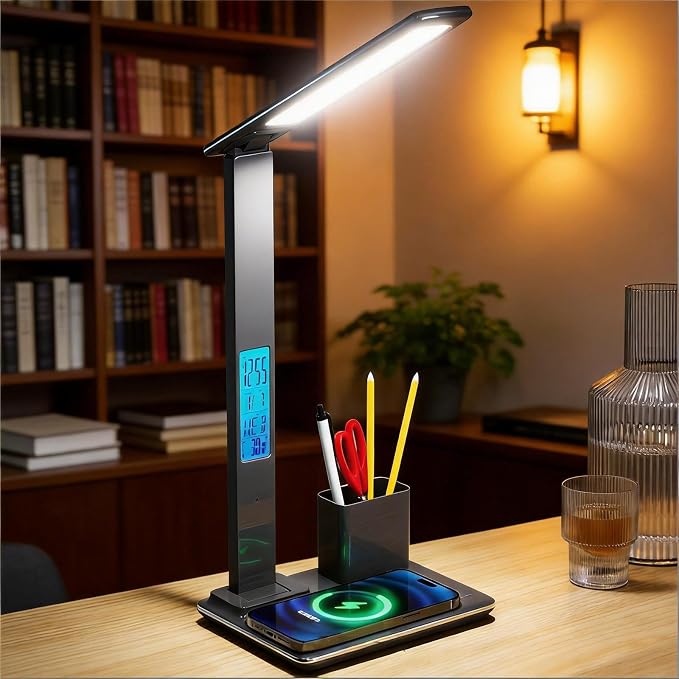 Multifunctional Wireless Charging Bedside Lamp with Digital Display,15W Fast Charger&Alarm Clock,Dimmable Touch Control,Multi-Angle Adjustable Desk Lamp for Home and Office,HYT1771 Black.
