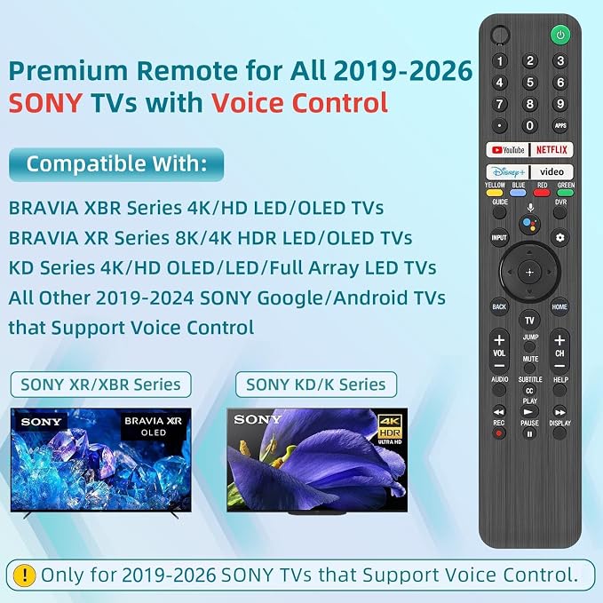 Replacement for Sony TV Remote, for All 2019-2026 Sony Remote Control for Bravia Smart TV with Voice Control. for Bravia XR/XBR/KD/K Series Google/Android TVs. 1-Year Warranty.