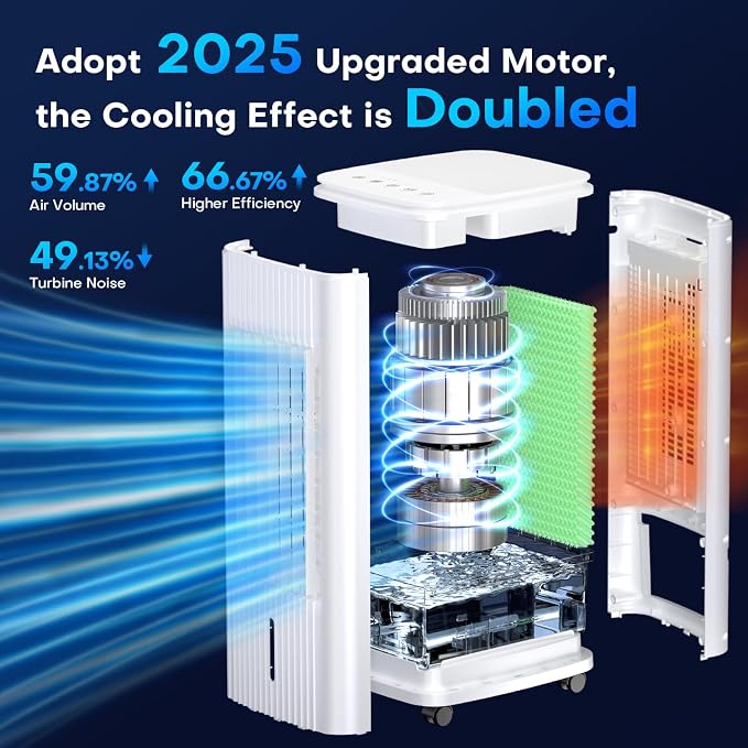 Evaporative Air Cooler, 25 Inch Swamp Cooler Air Conditioner w/Double Tanks, 7H Timer, 16ft Remote, 3 Ice Packs, 70° Oscillation, 3 Speeds & 2 Modes, 60W Portable Windowless Air Conditioner