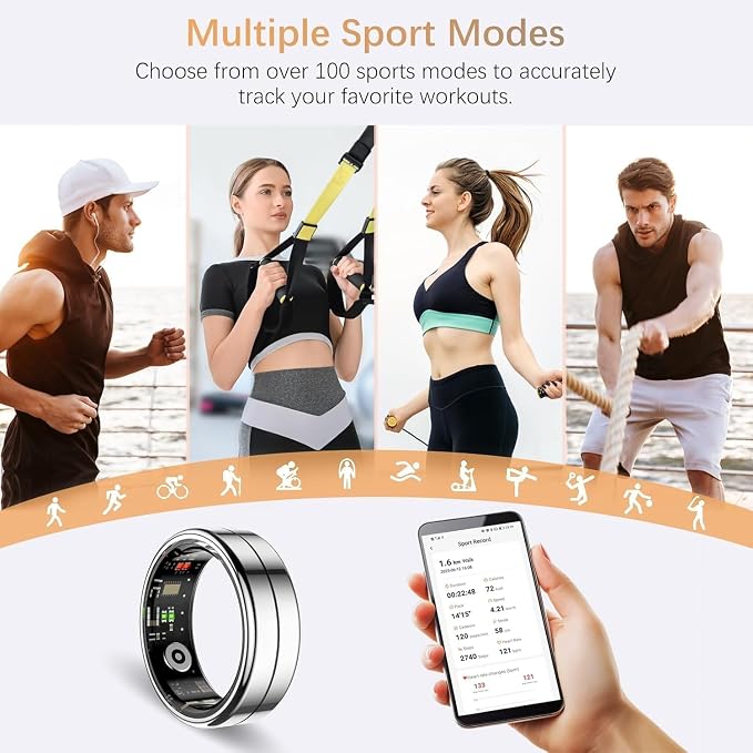 Fit Ring, Smart Health Rings for Women Men with Heart Rate,Blood Oxygen,HRV, Stress Level, Sleep Monitor, Step Tracker, IP68 Waterproof Smart Ring for iphone &Android, No Subscription Fee (Silver, 9#)