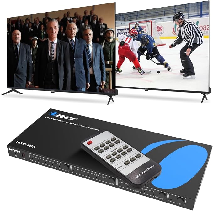 OREI 4K@60Hz 4×2 HDMI 2.0 Matrix with Audio Extraction, HDCP 2.2/1.4, HDR (Dolby Vision / HDR10+ / HLG), ARC, EDID, 4K-to-1080p Downscaling, Optical & Analog Audio Out, IR Remote (UHDS-402A)