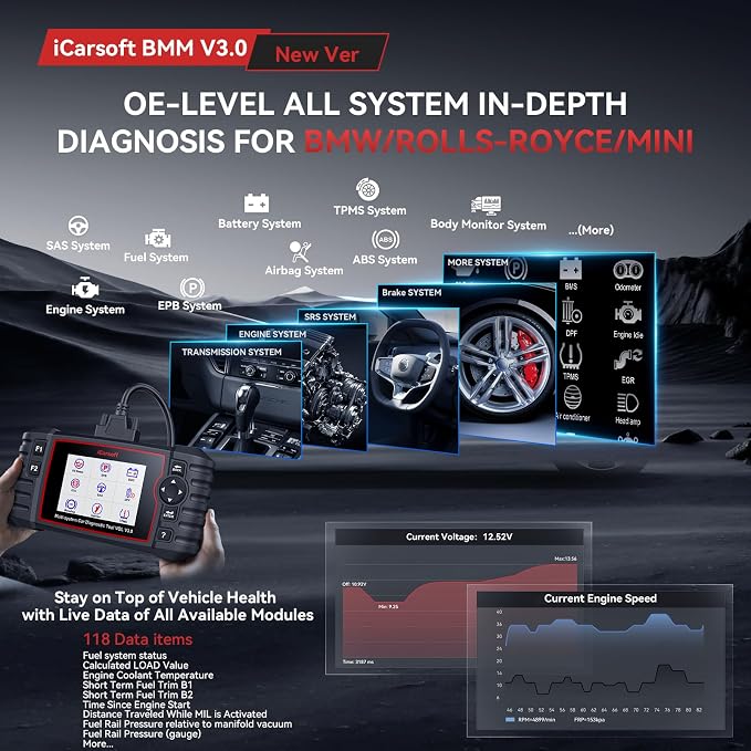 iCarsoft BMM V3.0(New Ver) Diagnostic Scan Tool for BMW OBD2 Scanner, All System Bi-Directional Tests/ECU Coding Code Reader, All Resets/Battery Registration- for BMW Mini Rolls-Royce-Free Update