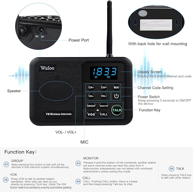 Expandable for Wuloo Intercoms Wireless for Home WL888, 1 Mile Range 22 Channel 100 Digital Code (Only 1 Unit for Expandable The Original intercom System, CAN NOT Work Without Other Units)