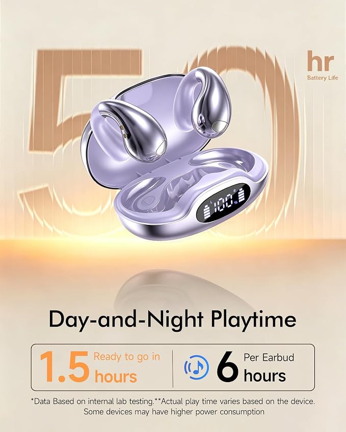 Upgraded Clip-on Ear Earbuds, Bluetooth 6.1 Wireless Open Ear Headphones, Comfortable Fit with Crystal Clear Sound, 50-Hour Battery Life, Open-Ear Wireless Headphones for Gym & Outdoor Sports,Purple