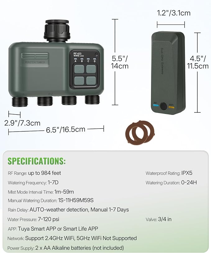 WiFi Water Timer for Garden Hose, Sprinkler Timer 4 Zone, Smart Hose Water with WiFi Irrigation Controller,Voice Control RF433 Automatic Irrigation System/Rain Delay/Manual Watering D34WT06