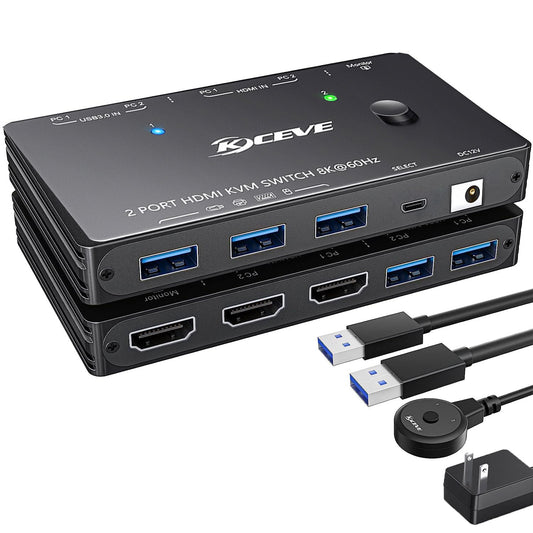 HDMI2.1 KVM Switch 2 Computer 1 Monitor 8K@60Hz, KVM Switch HDMI 2 Port with 3 USB3.0, Wired Remote, Power Adapter and USB Cables