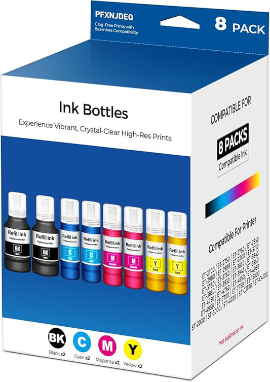Compatible for EPT502 Ink Refill Bottle 8-Pack Eco Tank ET-2850 ET-3850 ET-4850 ET-15000 Ink Refill Bottles for ET 2850 ET 3850 ET 4850 ET 15000 ET 4950 ET-2980 ET-2760 ET-3843 ET-3950 ET-4950 ET-3760