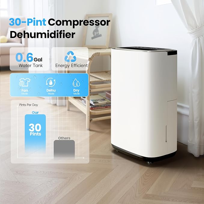 Manistin 3000 Sq.Ft Dehumidifier for Basement with Drain Hose, 30 Pint Dehumidifiers for Home, 3 Modes, Humidity Display & Timer & Child Lock, Large Room Compressor for Bedroom/Bathroom/Laundry