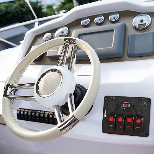 Nilight 4Gang Rocker Switch Panel with USB Charger Voltmeter and Cigar Lighter 12V 24V Toggle ON Off Red Night Glow Stickers for Cars Rvs Trucks
