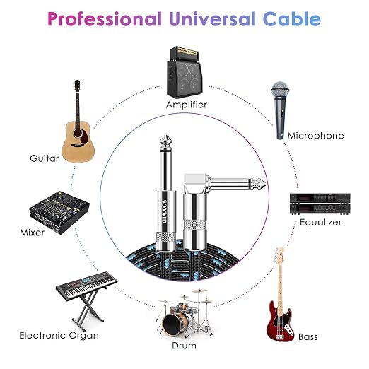 6FT Instrument Cable 2 Pack - Electric Guitar & Bass Cable with Right Angle 1/4 Inch Connector - Black & Blue