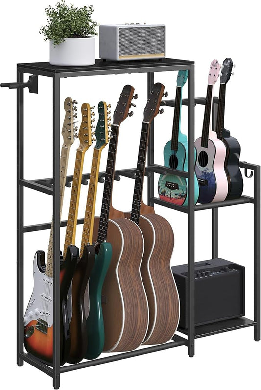MAHANCRIS Guitar Stand, Multi-Guitar Rack, for Acoustic, Electric Guitar, Bass, Ukulele, Banjo, for 7 Guitars, Guitar AMP Stand, Record Rack, with Guitar Accessory Holder, EVA Cover, for Home Studio, Black GSHB8701