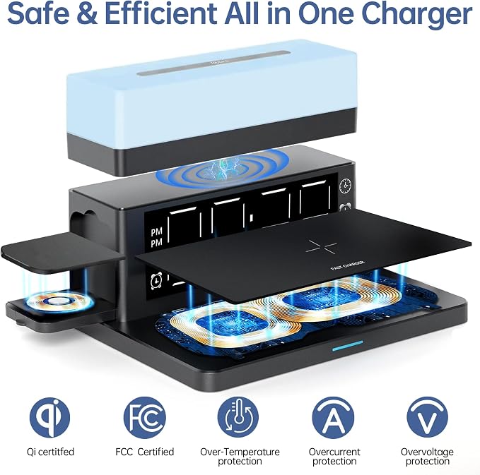 Wireless Charger,6 in 1 Wireless Charging Station with Digital Alarm Clock & Night Light,15W Fast Charger Compatible with iPhone 14/13/12/11/XS Samsung Galaxy AirPods & Apple Watch (Black)