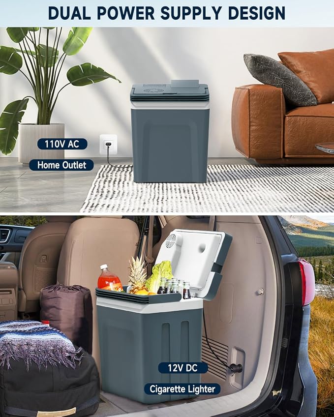 SubSun Electric Cooler & Warmer with Handle 32 Quart (30L), Portable Thermoelectric Fridge, 12V Car Refrigerator, 12V/24V DC 110～240 V AC for Outdoor Camping Travel Home Use, Grey