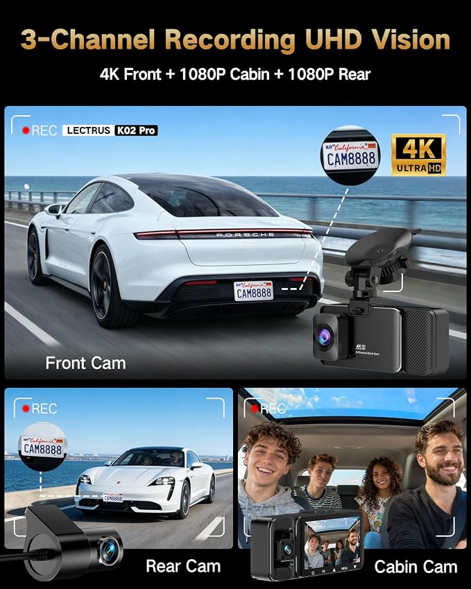4K Dash Cam Front and Rear Inside, 3-Channel Cars Camera Dash with 170° Wide Angle, Free 64GB SD Card, 5.8GHz WiFi, Night Vision, G-Sensor, Loop Recording, Parking Monitor, USB C, Max 256GB