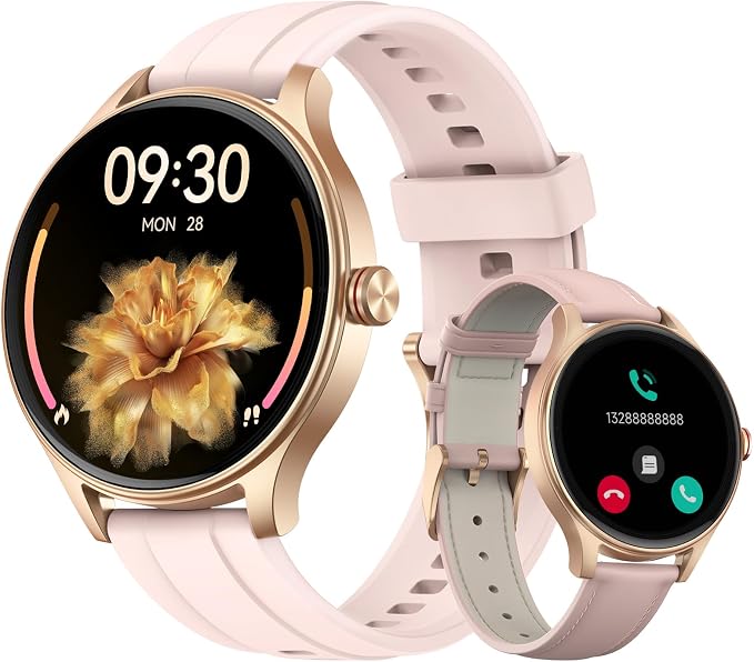 Smart Watch for Women Android iPhone, 1.27'' HD Fitness Tracker with Bluetooth Call & Answer, IP68 Waterproof, Heart Rate/SpO2/Sleep Monitor, Built-in AI Voice, 105+ Sports Modes (Gold)