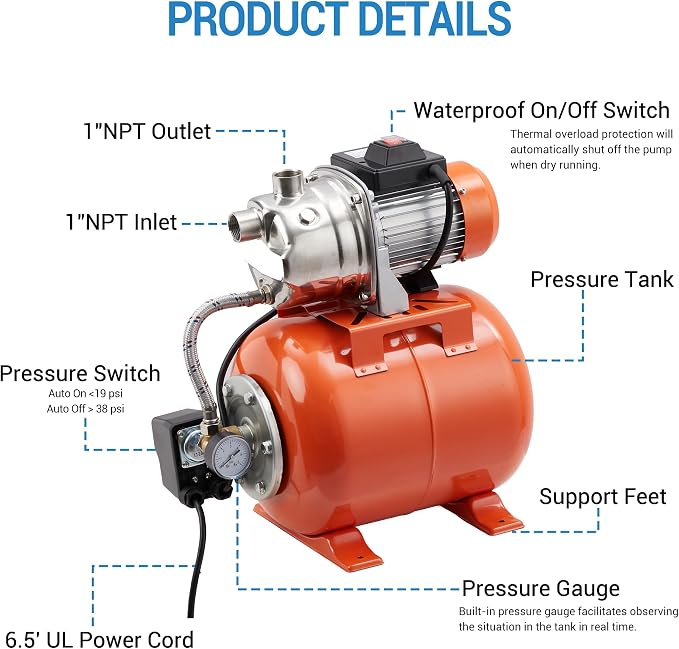 3/4 HP Shallow Well Pump,850 GPH Flow Rate,115V Pressure Switch with Stainless Steel Tank for Lawn,Car Washing, Home Irrigation,Veggie Garden & Landscaping Watering,Winter-Proof Design