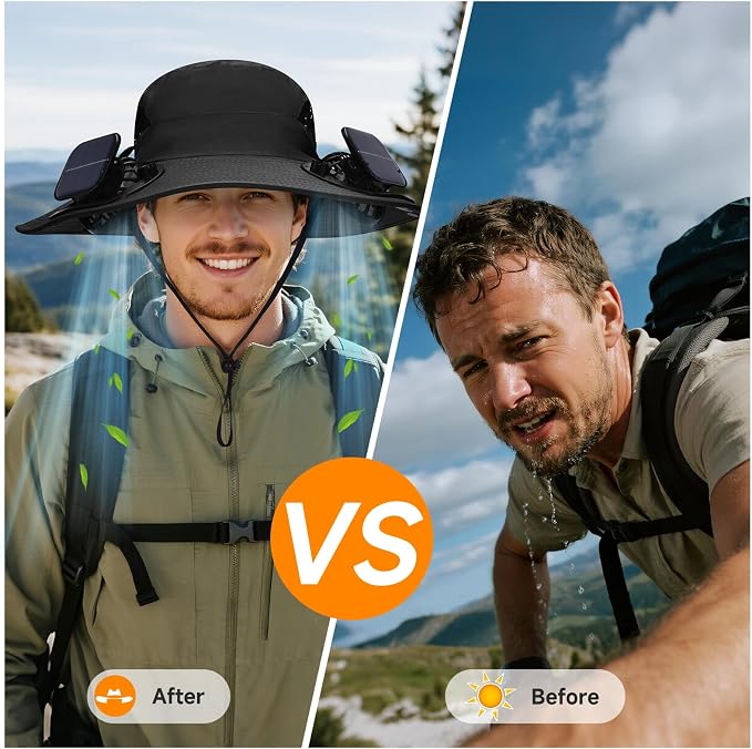 Fishing Hat with Built in Fan, Wide Brim Solar Fan Hat Outdoor Fishing, Solar & USB Charging Sun Bucket Hats for Men Women
