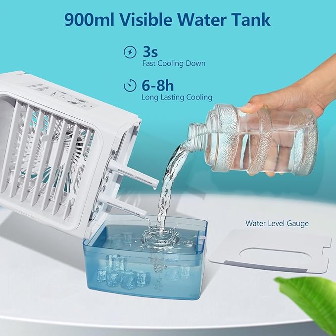 Portable Air Conditioners, 3 Speeds 2 Mist Modes Portable AC Unit with 900ml Water Tank,7-Color Lights Evaporative Cooler Blow Cold Air, Mini Car Cooling Fan for Bedroom RV Desk Office Indoor