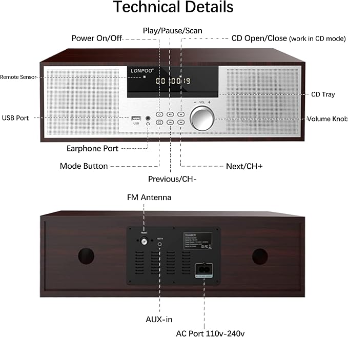 LONPOO Stereo Shelf System for Home, Vintage CD Player 40W RMS Micro Mini System with Remote Control, Bluetooth, FM Radio, USB MP3 Playback & Aux-in,Silver