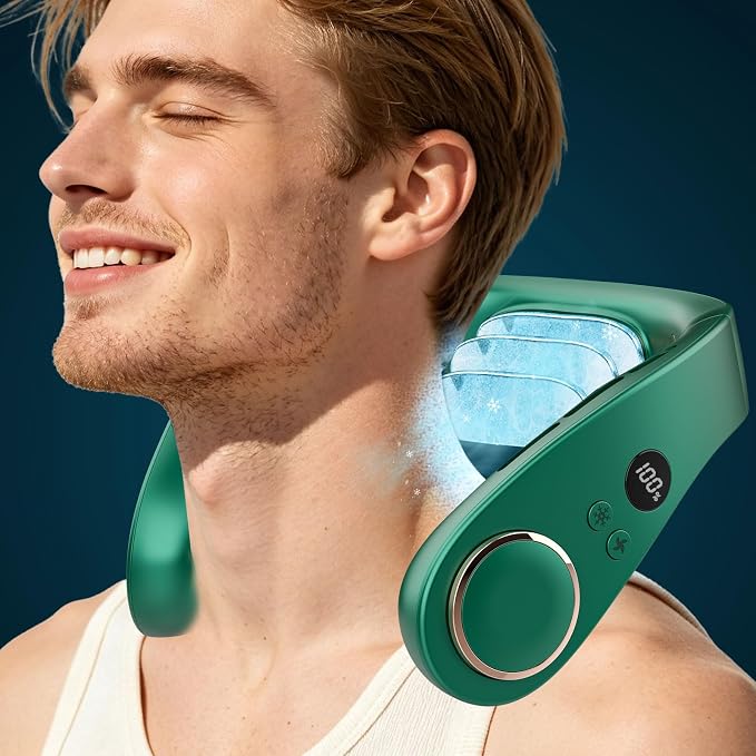 Portable Neck Fan Rechargeable,Neck Air Conditioning Wearable Cooling Device,Wear AC Air Conditioner Flexible Adjustable Angle,5 Speeds No Blade Headphone Design Breezy Hands Free Head Cooler Green