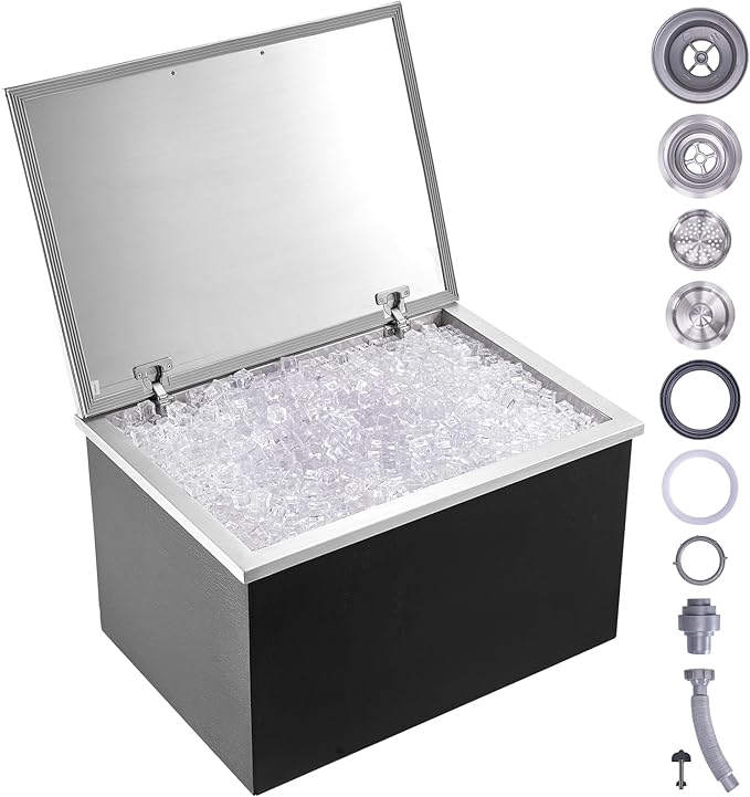VEVOR Drop in Ice Chest, 28" L x 20" W x 17" H Stainless Steel Ice Cooler, Commercial Ice Bin with Hinged Cover, 114 qt Outdoor Kitchen Ice Bar, Drain-Pipe and Drain Plug Included, for Cold Wine Beer