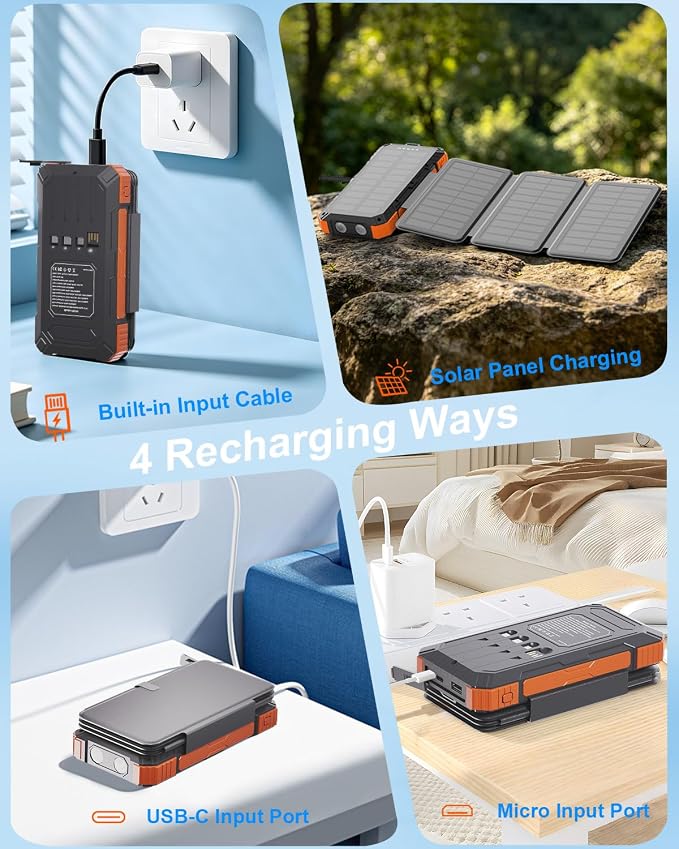 Power Bank 2 Pack, Solar Charger with Built-in Cables 49800mAh +Solar Power Bank 20000mAh for iPhone Android Samsung, iPad